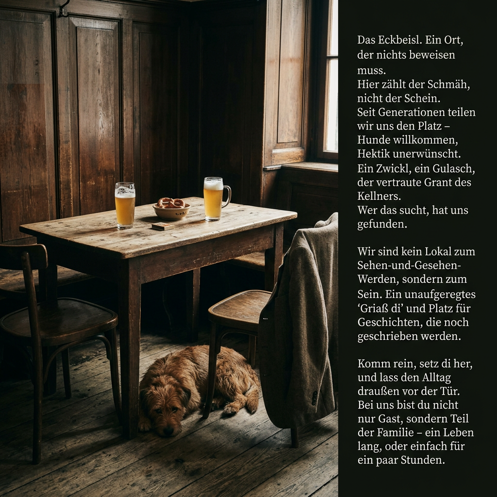 Gemütliches Wirtshaus-Interieur im s'Eckbeisl: dunkles Eichenholz, Marmortische, warmes Licht — Döbling, Wien 1190