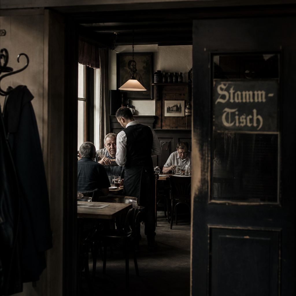Inneres von s'Eckbeisl — dunkle Eichentäfelung, Marmortisch mit Kerze, Wien Döbling